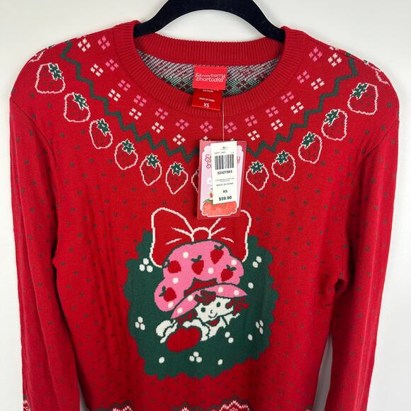 NWT BoxLunch Strawberry Shortcake Wreath Portrait Red Knit Holiday Sweater XS - Picture 3 of 11